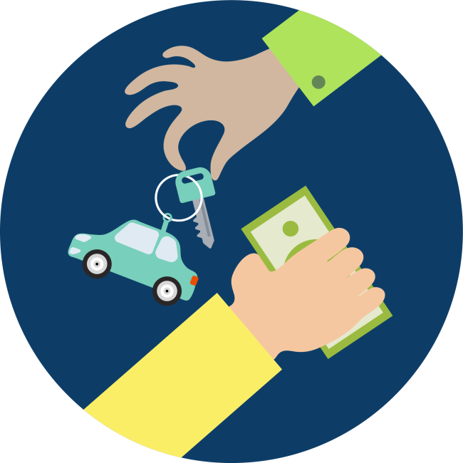 Illustration of 2 hands exchanging money for a car key.