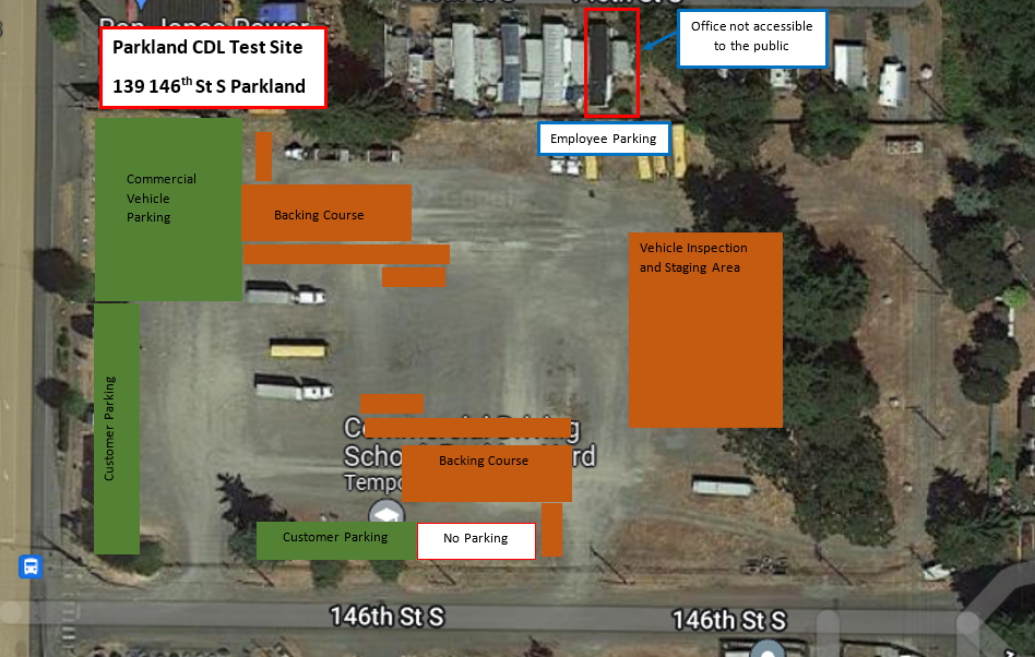 Aerial photo of Parkland CDL testing location parking lot. Further details below.