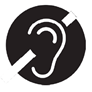 Deaf or hard of hearing symbol: White ear slashed through by white diagonal line on black circle