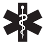 Medical alert symbol: White snake on white staff on black asterisk